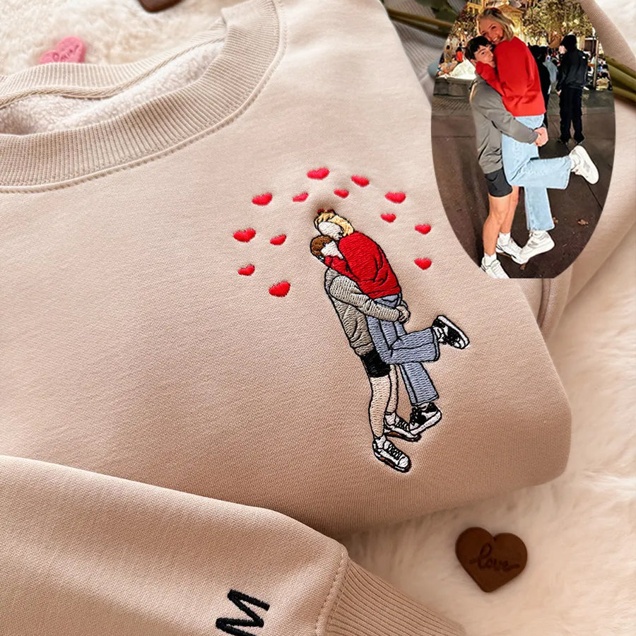 Custom Embroidered Portrait Sweatshirt from Photo For Couple ,Valentine’s Day Gift