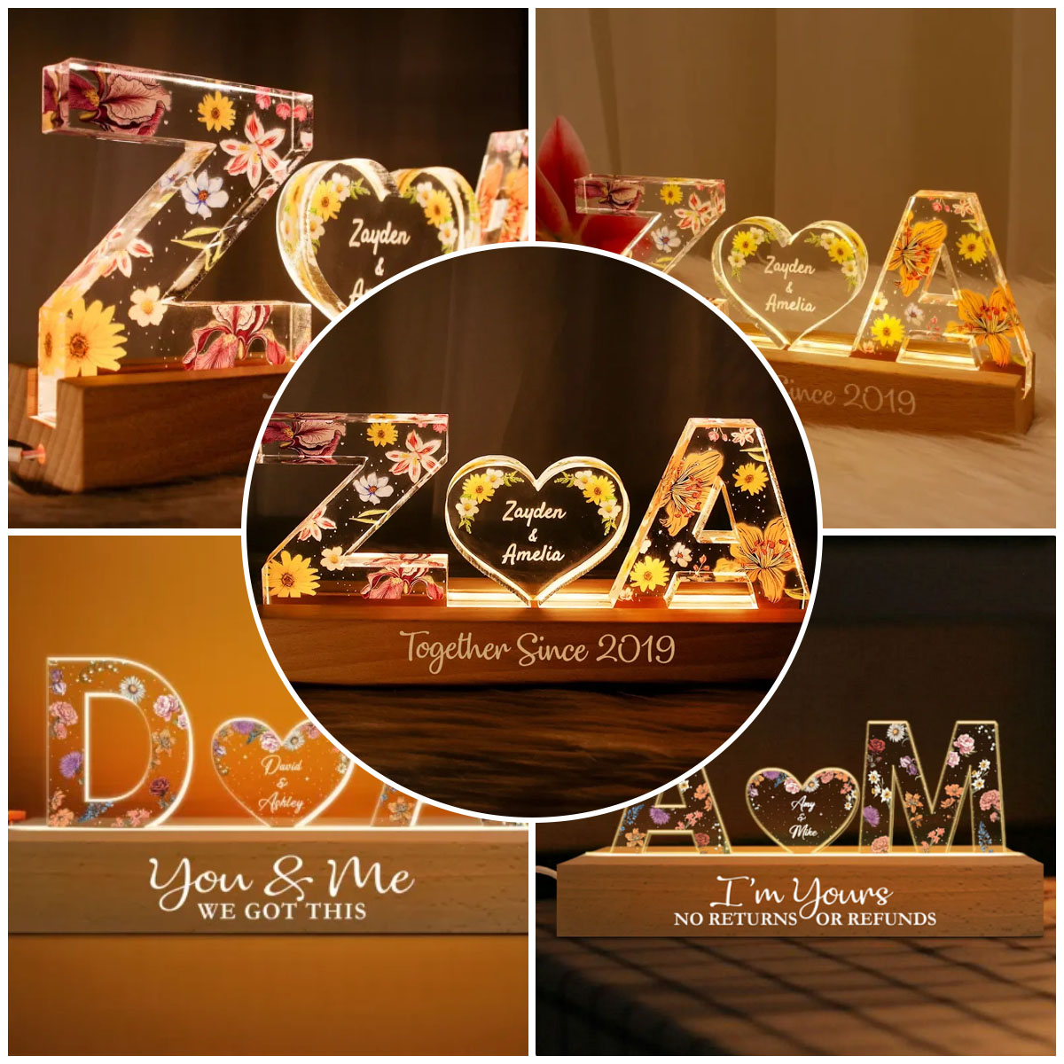 Personalized LED Acrylic Night Light – Couple Initials & Floral Design