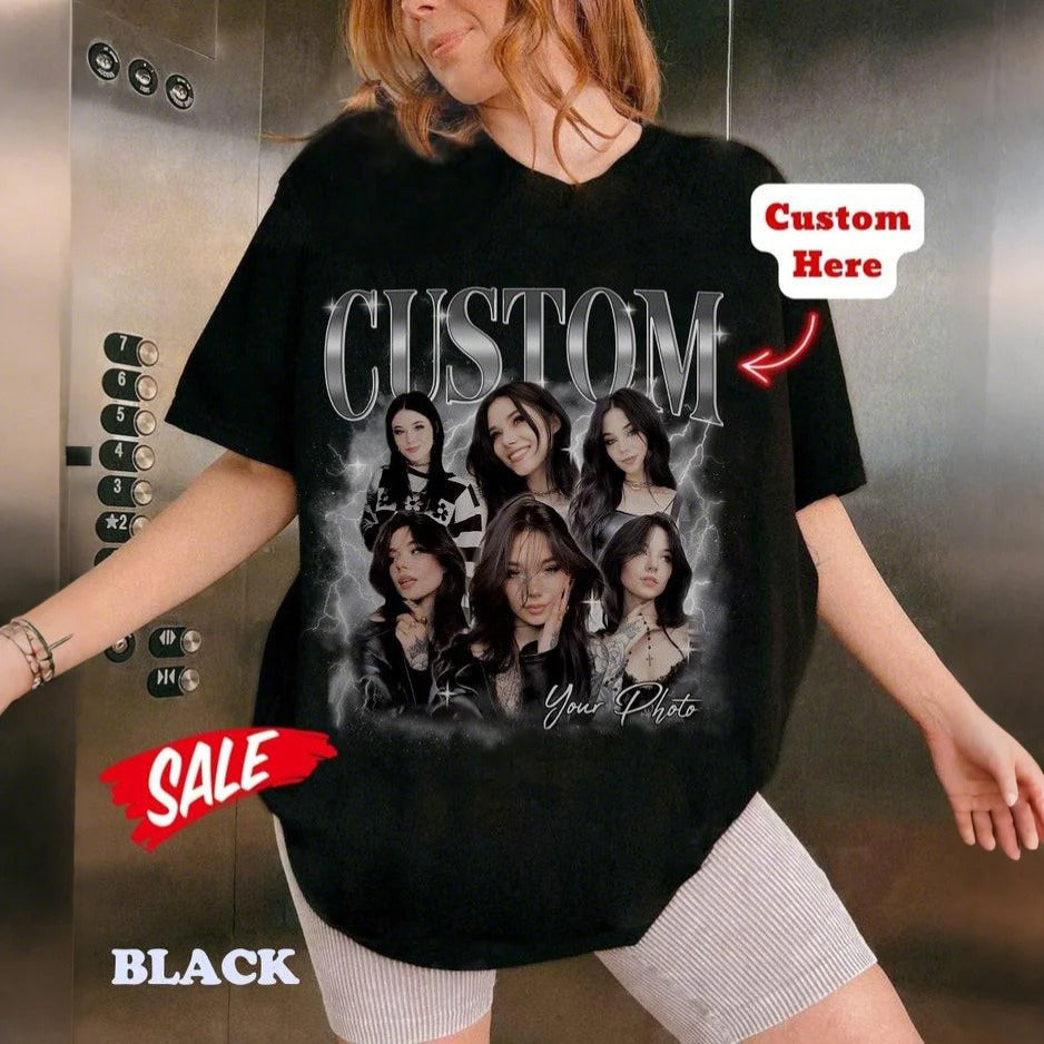 Custom Photo Bootleg Girlfriend 6 Face 90s Retro Vintage T-Shirt, Pictures Tee for Couple