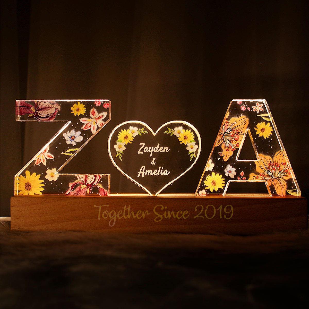 Personalized LED Acrylic Night Light – Couple Initials & Floral Design