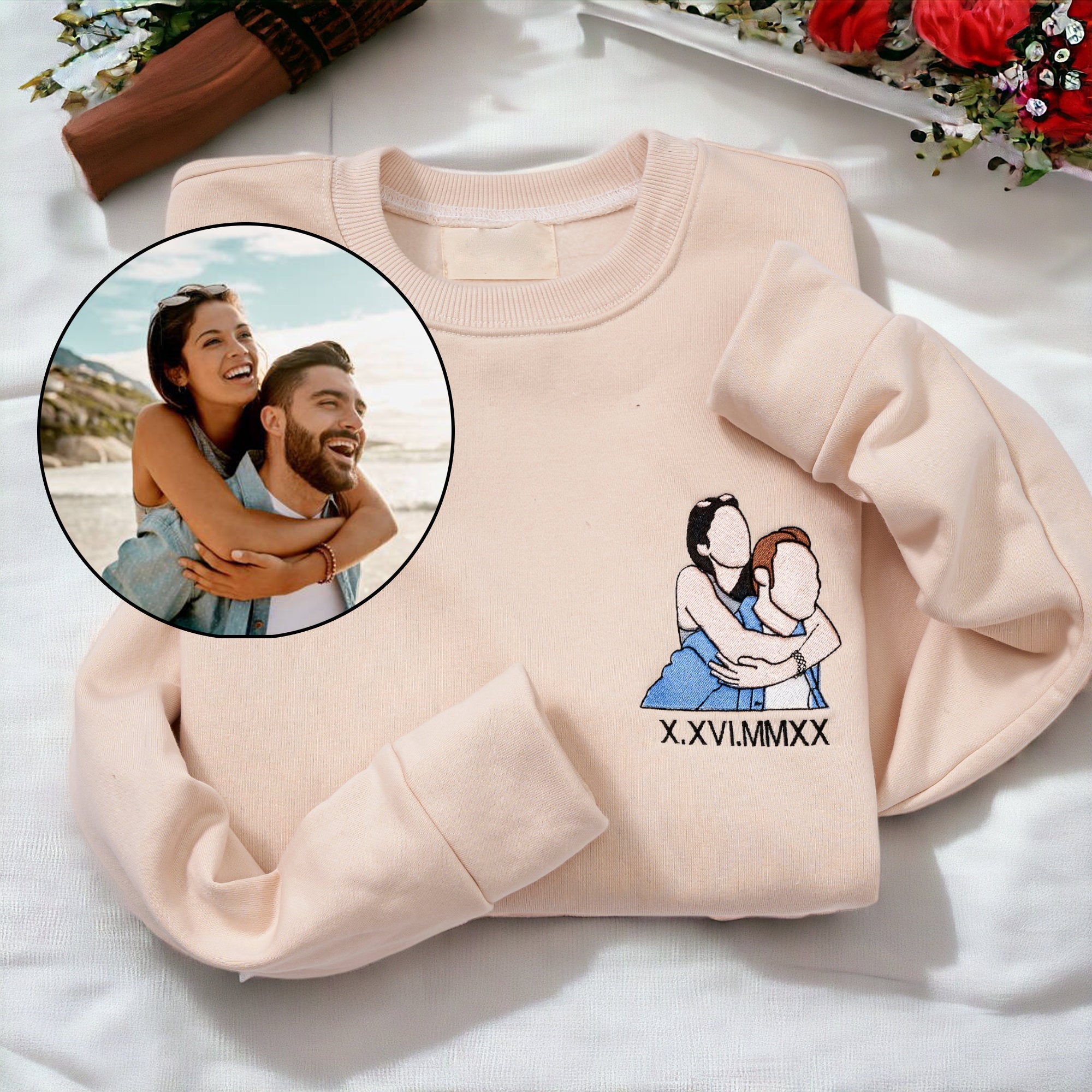 Custom Embroidered Portrait Sweatshirt, Embroidered Design with Roman Numerals