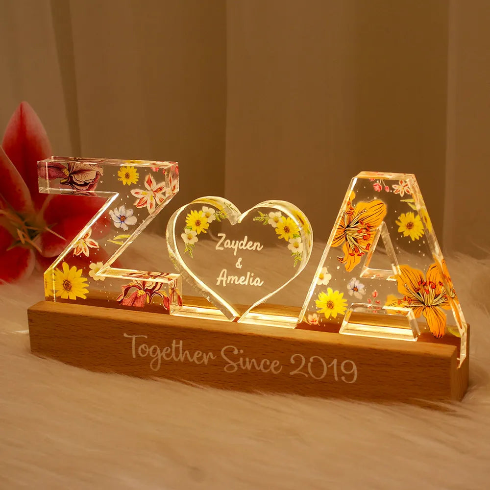 Personalized LED Acrylic Night Light – Couple Initials & Floral Design