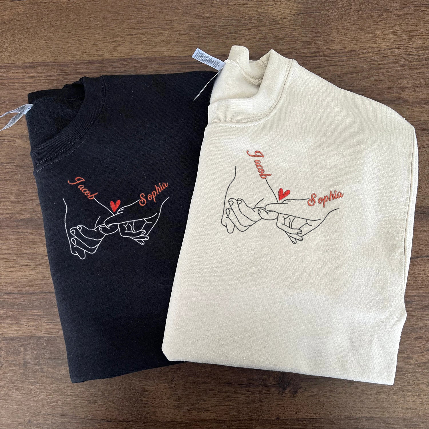Hand in Hand Embroidered Couple Sweatshirts with Personalized Partner Names