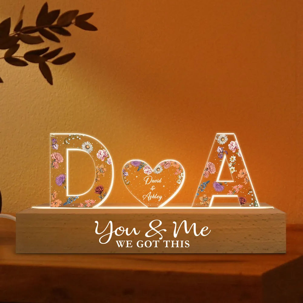 Personalized LED Acrylic Night Light – Couple Initials & Floral Design