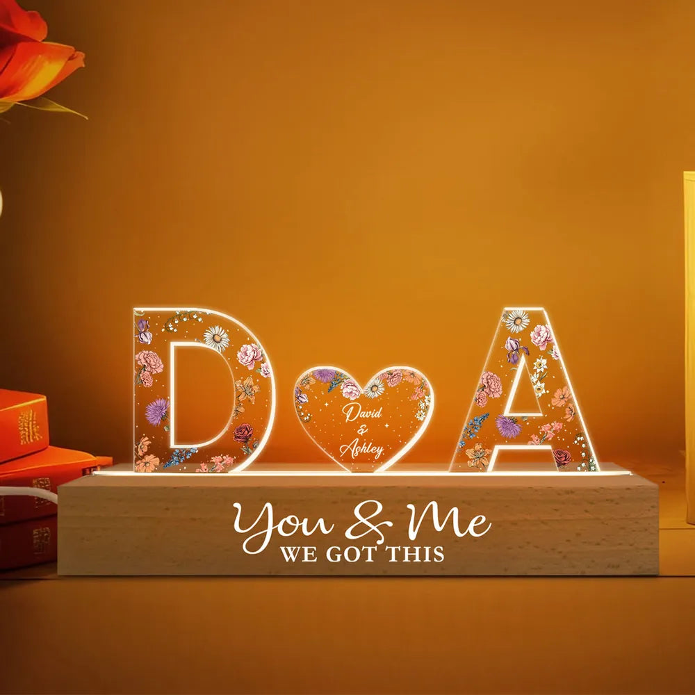 Personalized LED Acrylic Night Light – Couple Initials & Floral Design