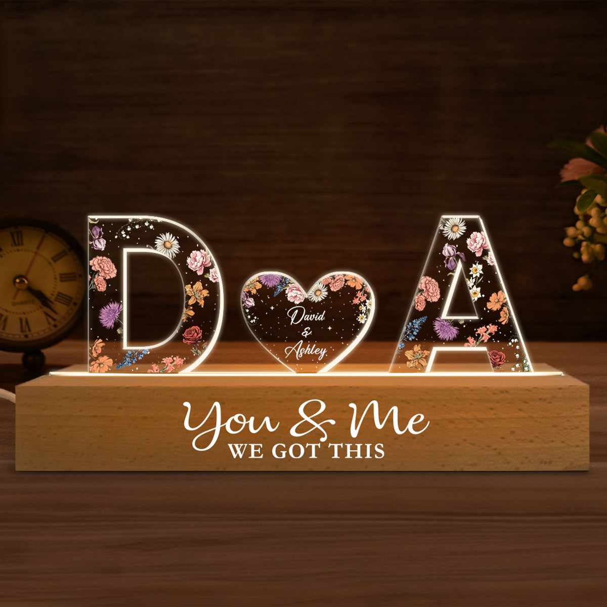Personalized LED Acrylic Night Light – Couple Initials & Floral Design