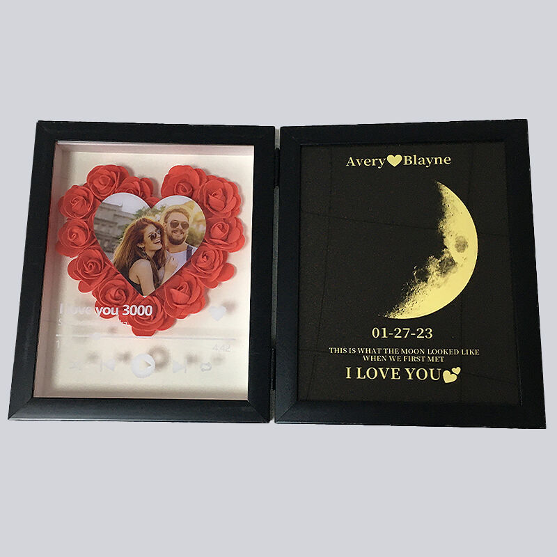 Custom Flower Shadow Box Heart Photo Love Song with Real Moon Phase