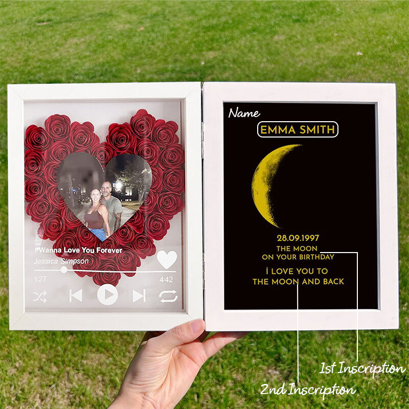 Custom Flower Shadow Box Heart Photo Love Song with Real Moon Phase