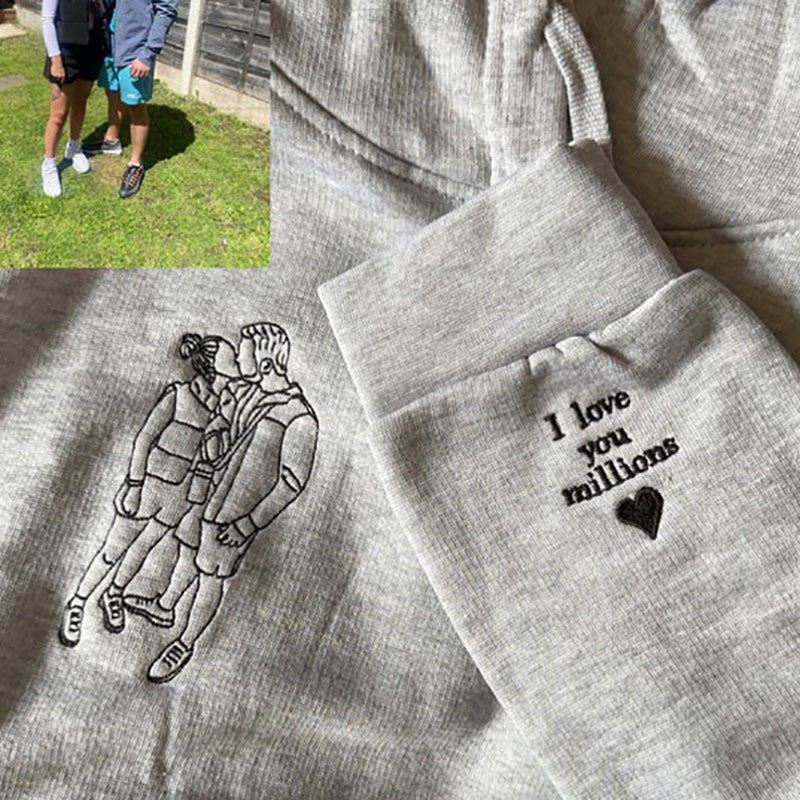 Embroidered Couple Portrait Sweatshirt with Roman Numeral Date,Couples Gift