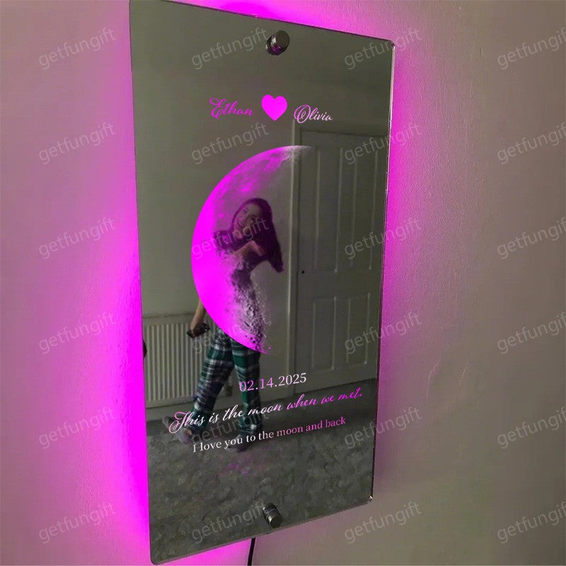 šCustom Couple Anniversary Moon Phase Mirror Light - Romantic Valentine's Day Gift