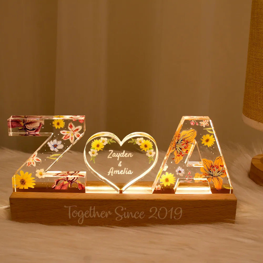 Personalized LED Acrylic Night Light – Couple Initials & Floral Design