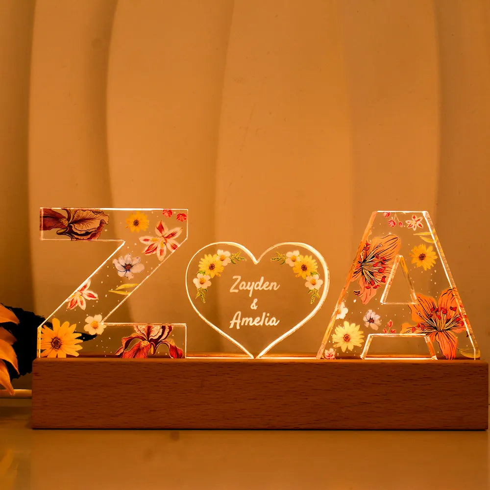 Personalized LED Acrylic Night Light – Couple Initials & Floral Design
