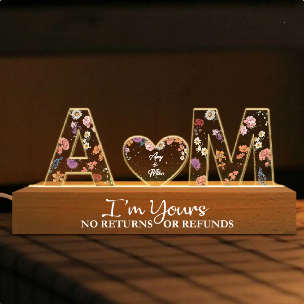 Personalized LED Acrylic Night Light – Couple Initials & Floral Design