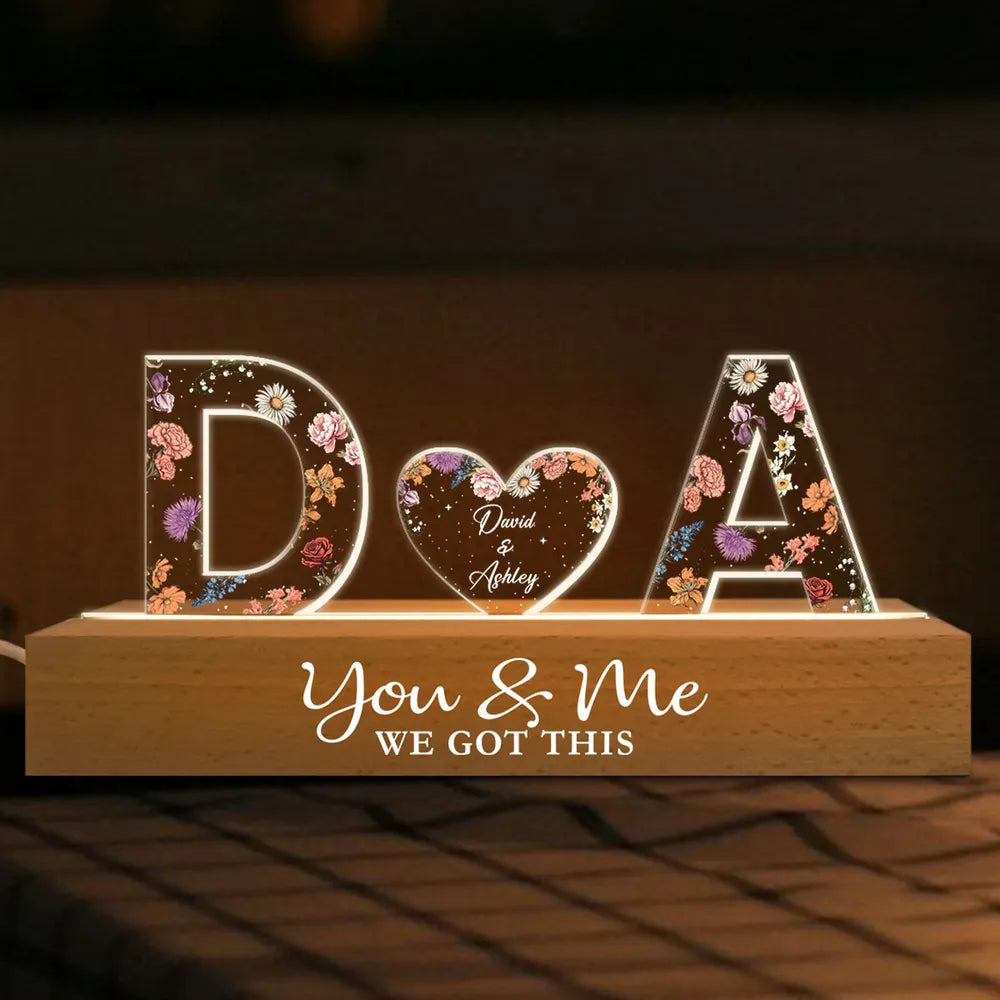 Personalized LED Acrylic Night Light – Couple Initials & Floral Design