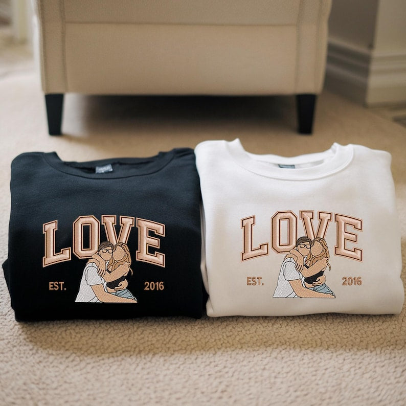 Custom Embroidered Portrait From Photo Sweatshirt, Love Shirt for Couple