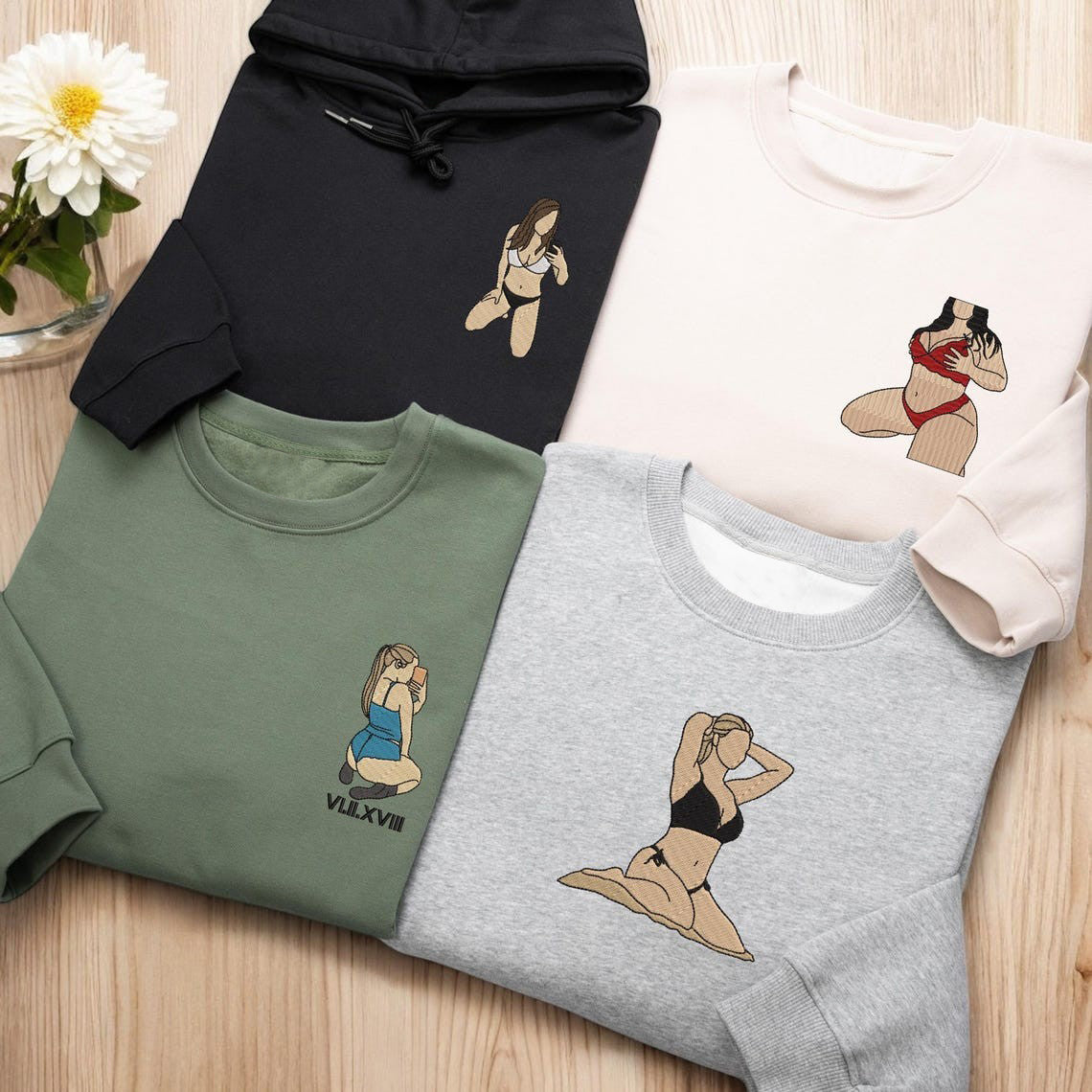 Embroidered Spicy Hoodie Line Art Photo Crewneck Valentine Gift for Him