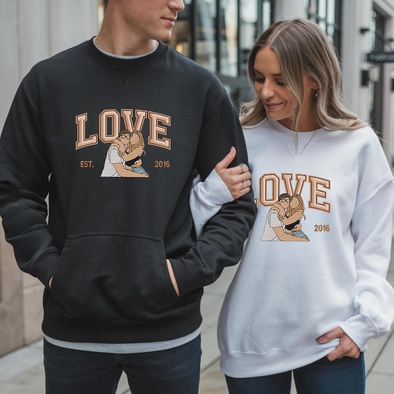 Custom Embroidered Portrait From Photo Sweatshirt, Love Shirt for Couple