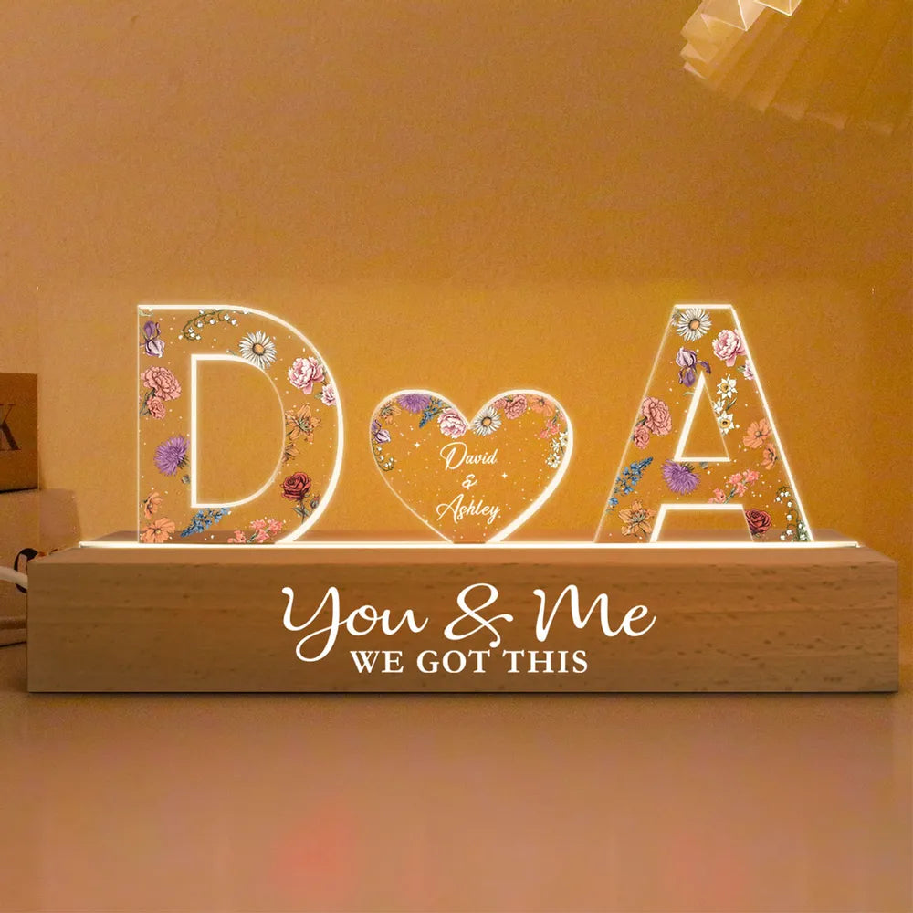 Personalized LED Acrylic Night Light – Couple Initials & Floral Design