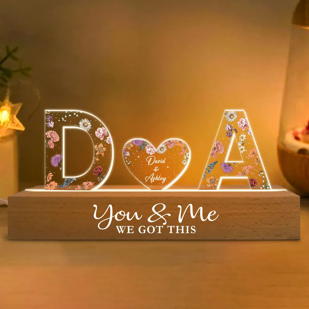 Personalized LED Acrylic Night Light – Couple Initials & Floral Design