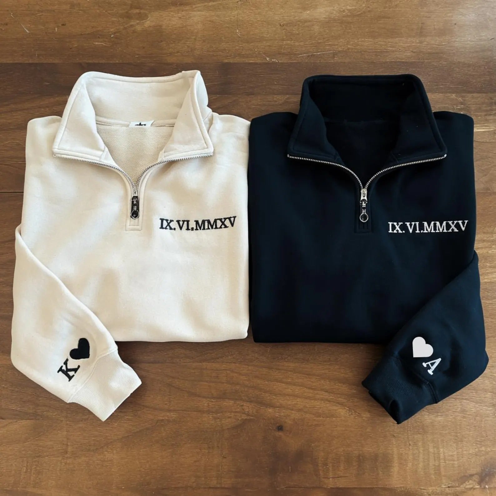 Embroidered Roman Numeral Quarter Zip Sweatshirt with Personalized Special Date, Romantic Couple Gift