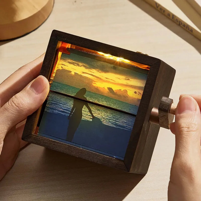 Custom Flip Book Frame Animation Machine Mechanical Hand-cranked Photo Album with Light Black Walnut Couple Photo Cube Frame Creative Gift