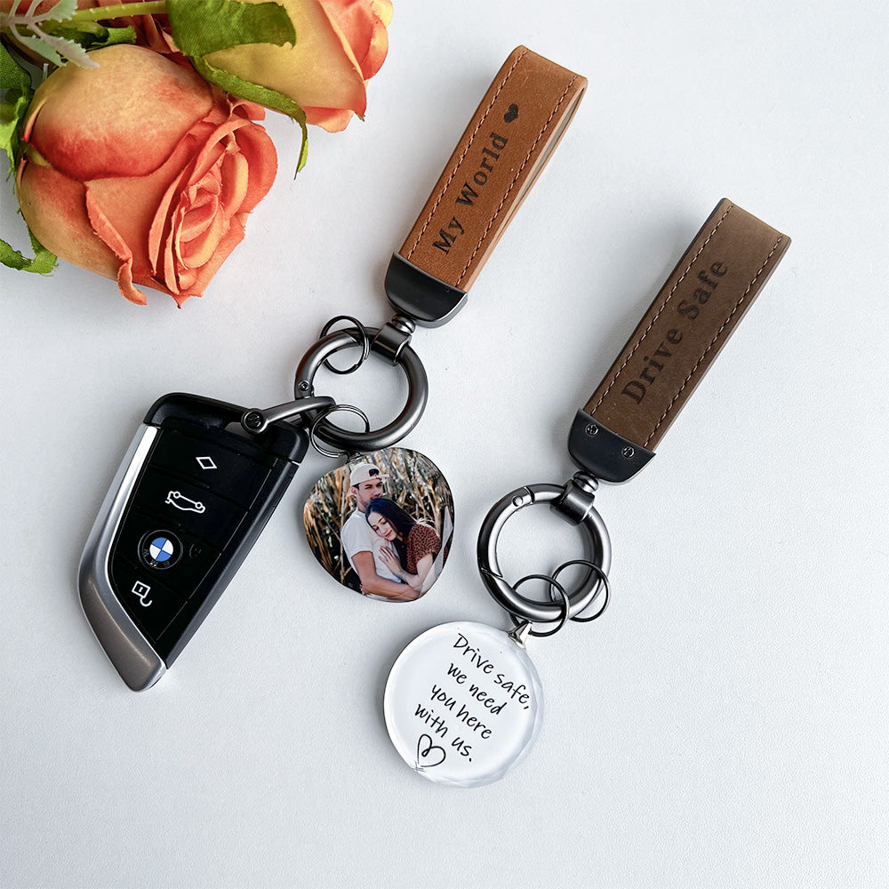 Drive Safe My Love - Personalized Laser Engraved Leather Crystal Photo KeyChain
