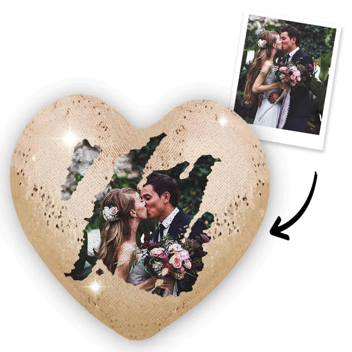 Custom Couple Photo Heart Magic Sequins Pillow Multicolor Sequin Cushion