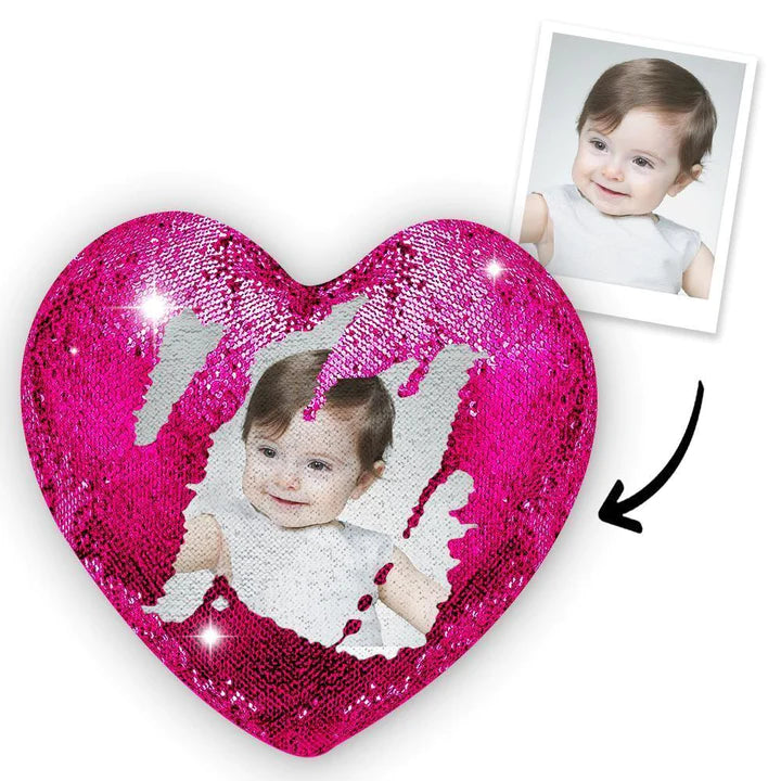 Custom Couple Photo Heart Magic Sequins Pillow Multicolor Sequin Cushion