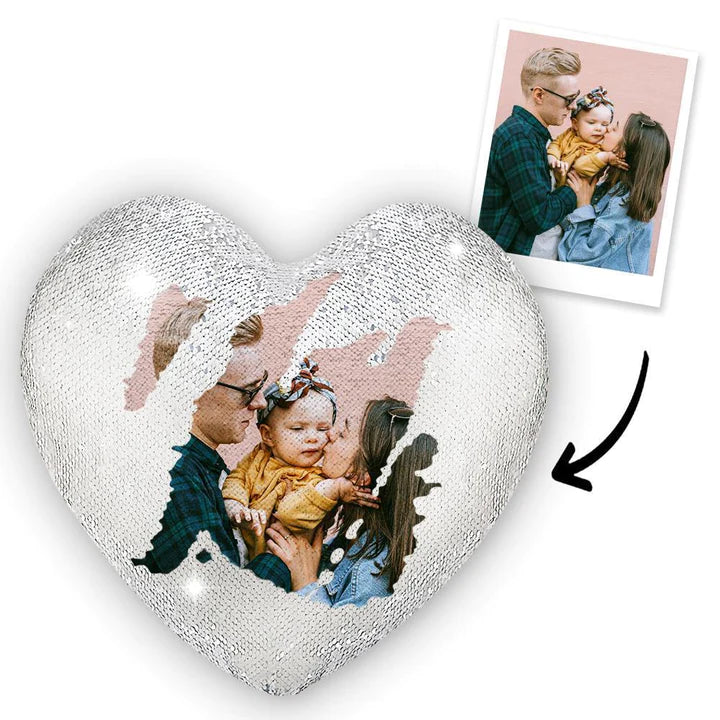 Custom Couple Photo Heart Magic Sequins Pillow Multicolor Sequin Cushion