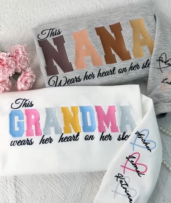 [Embroidery]Custom Embroidered Mum Wears Her Heart On Her Sleeve Sweatshirt | Mother’s Day Gift