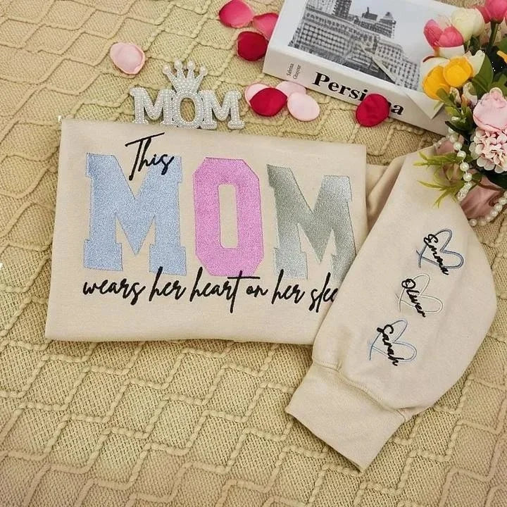 [Embroidery]Custom Embroidered Mum Wears Her Heart On Her Sleeve Sweatshirt | Mother’s Day Gift