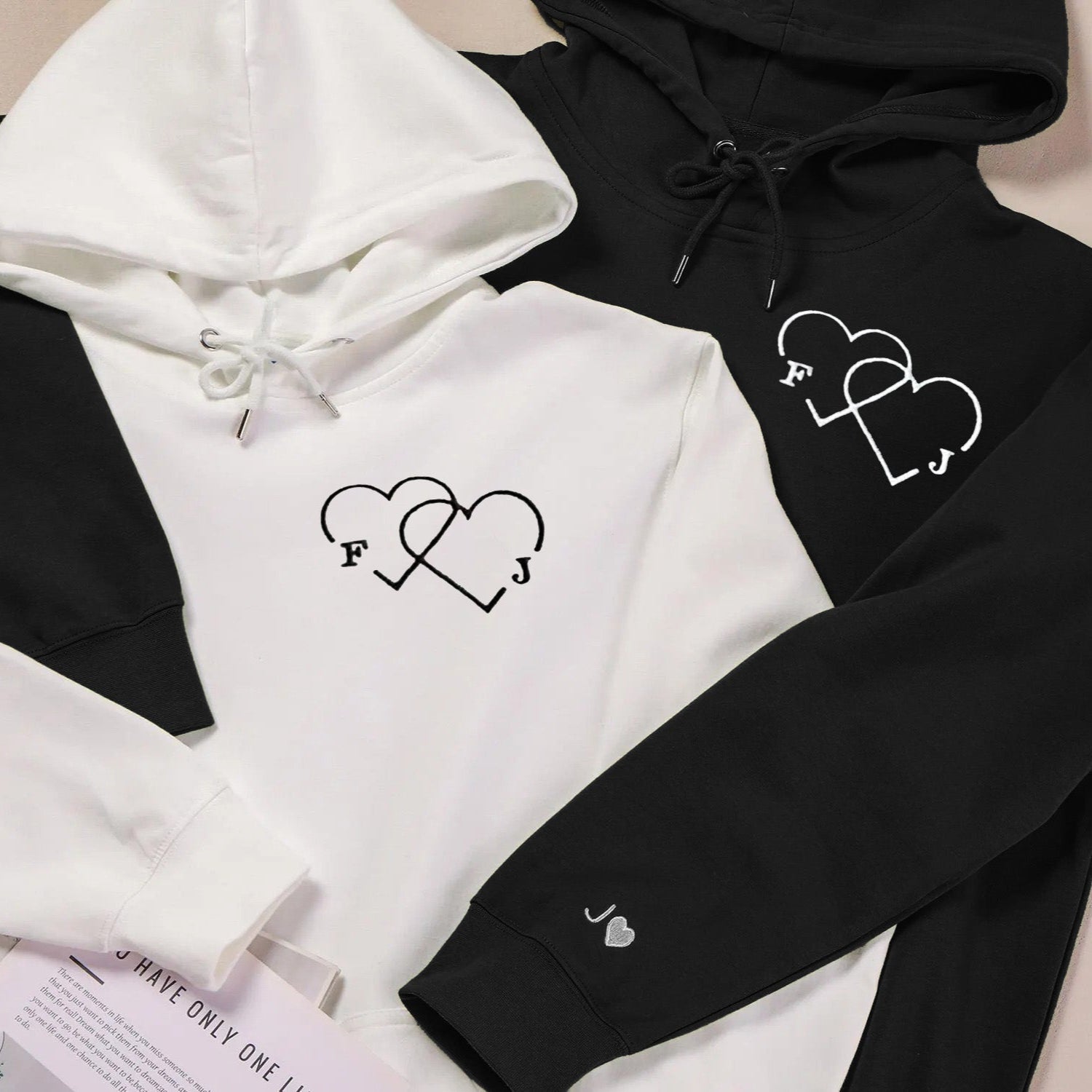Embroidered double heart sweatshirt with personalized letters for couple