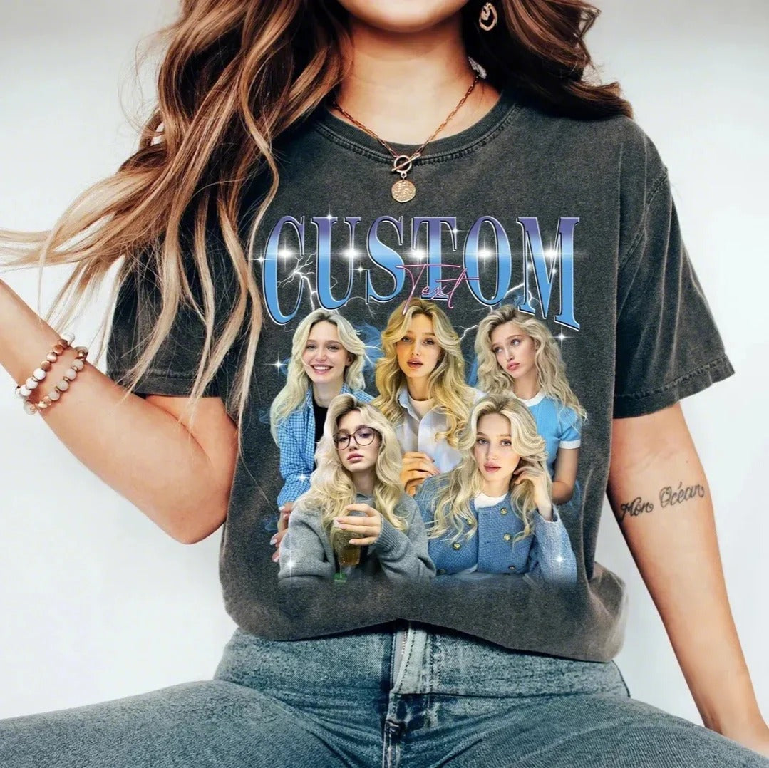 Custom Photo Bootleg Girlfriend 6 Face 90s Retro Vintage T-Shirt,  Pictures Tee for Couple