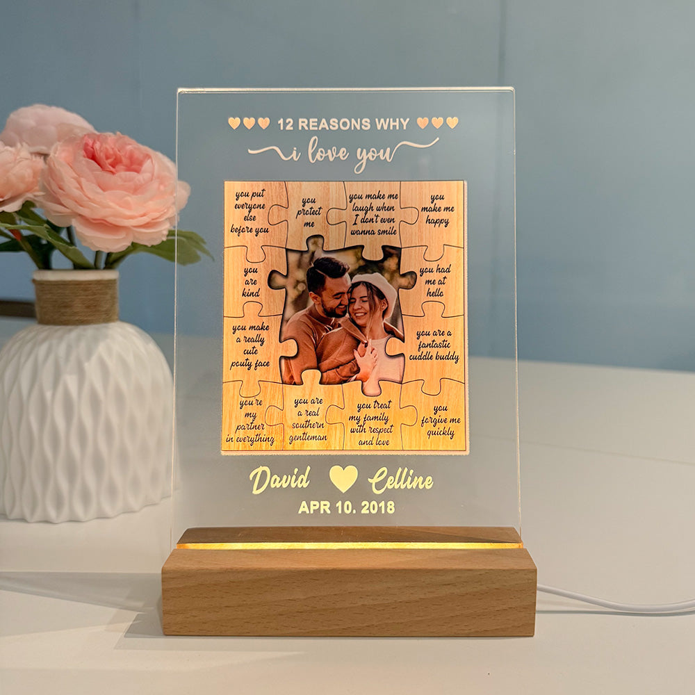 50%OFF⭐️12 Reasons Why I Love You Puzzle Custom Photo LED Acrylic Night Light