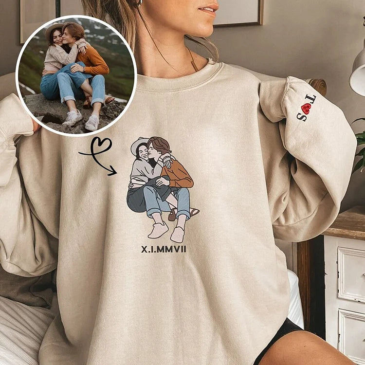 Custom Embroidered Portrait Sweatshirt, Embroidered Design with Roman Numerals