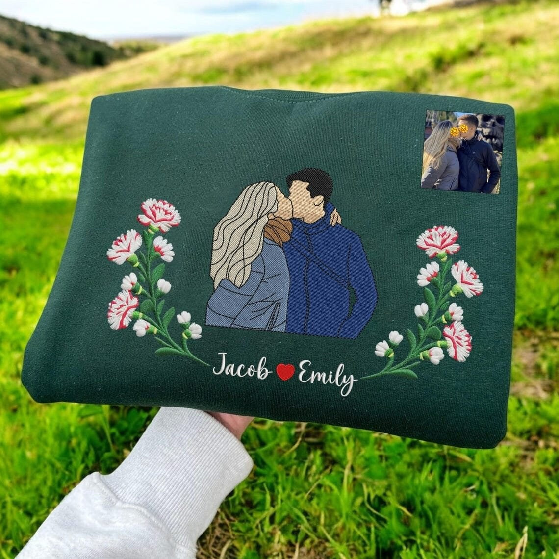 Embroidered Couple Portrait Sweatshirt with Flower,Couples Gift