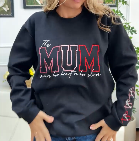 [Embroidery]Custom Embroidered Mum Wears Her Heart On Her Sleeve Sweatshirt | Mother’s Day Gift