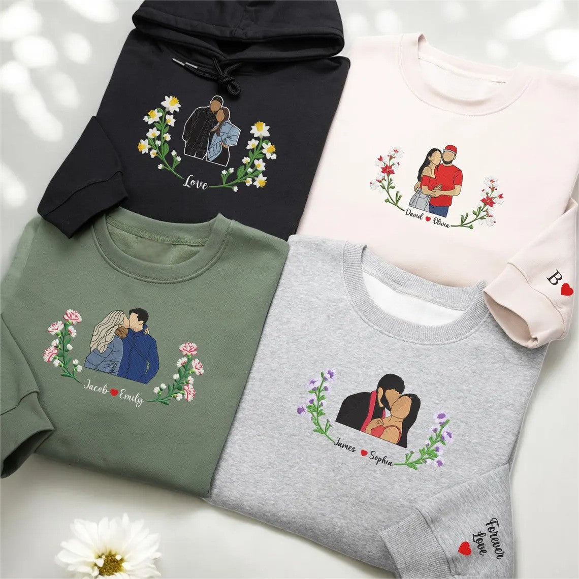 Embroidered Couple Portrait Sweatshirt with Flower,Couples Gift