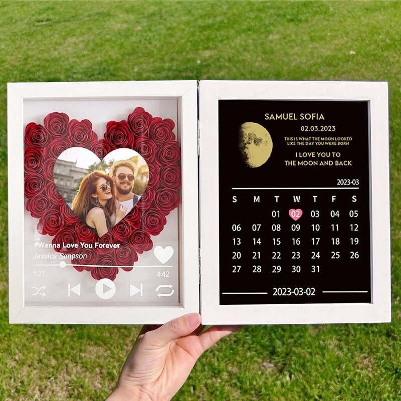 Custom Flower Shadow Box Heart Photo Love Song with Moon Phase Calendar