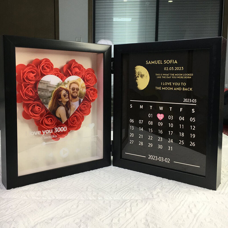Custom Flower Shadow Box Heart Photo Love Song with Moon Phase Calendar