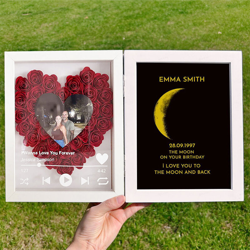 Custom Flower Shadow Box Heart Photo Love Song with Real Moon Phase