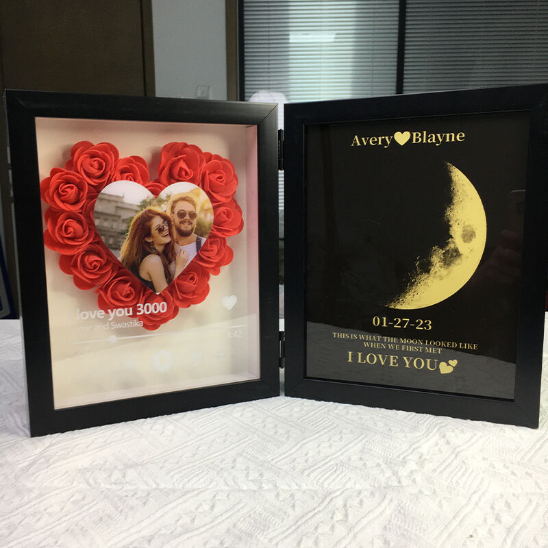 Custom Flower Shadow Box Heart Photo Love Song with Real Moon Phase