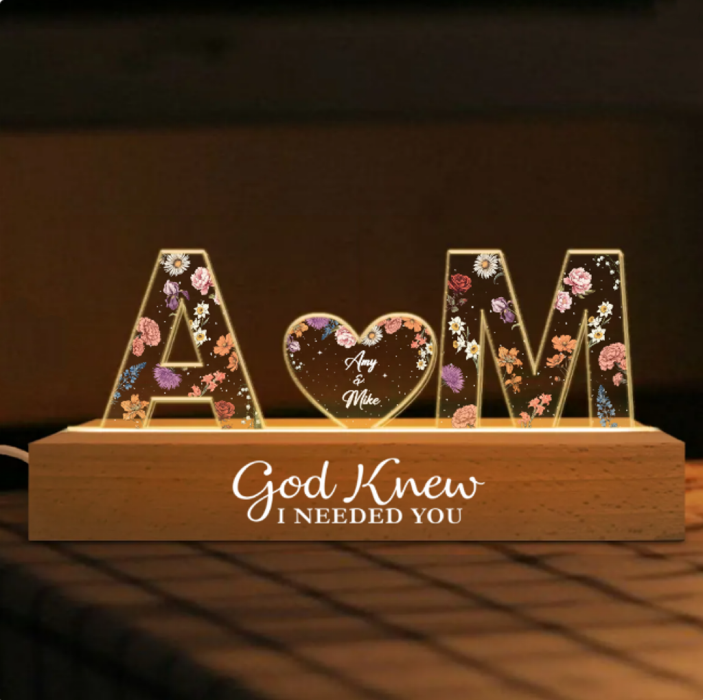 Personalized LED Acrylic Night Light – Couple Initials & Floral Design
