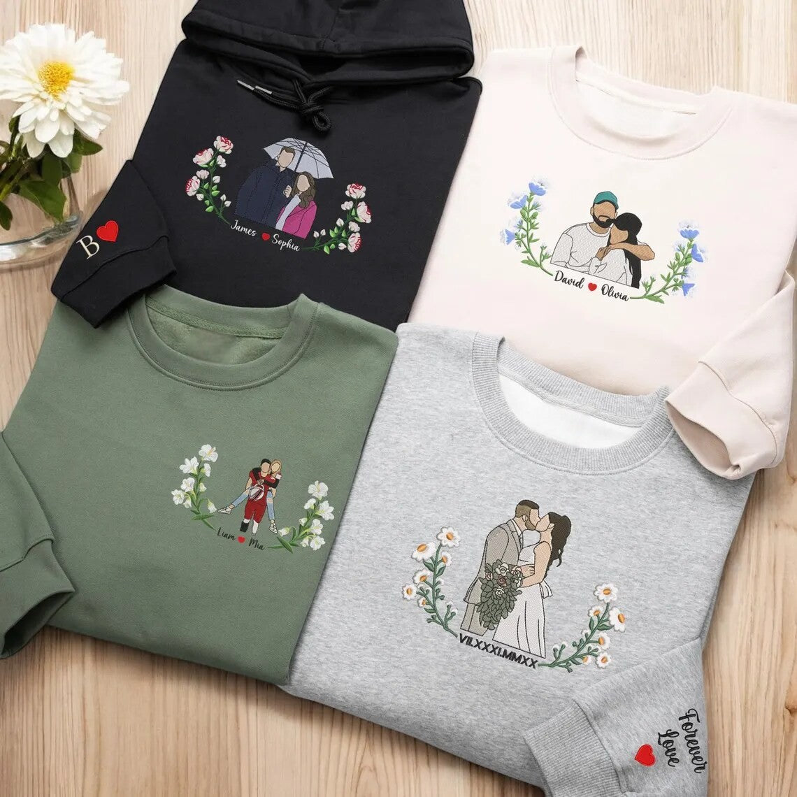 Embroidered Couple Portrait Sweatshirt with Flower,Couples Gift