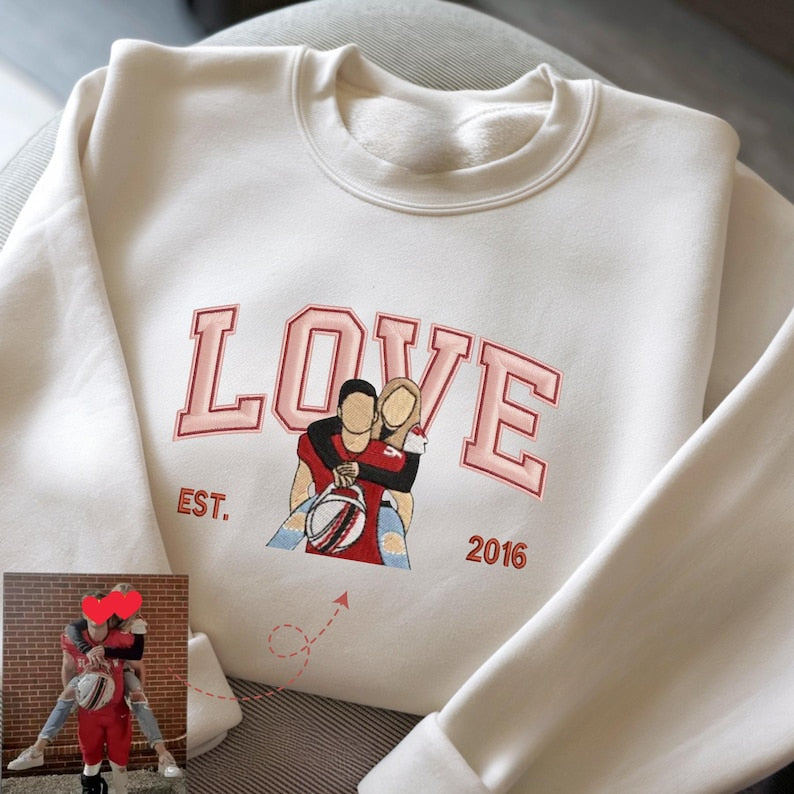 Custom Embroidered Portrait From Photo Sweatshirt, Love Shirt for Couple