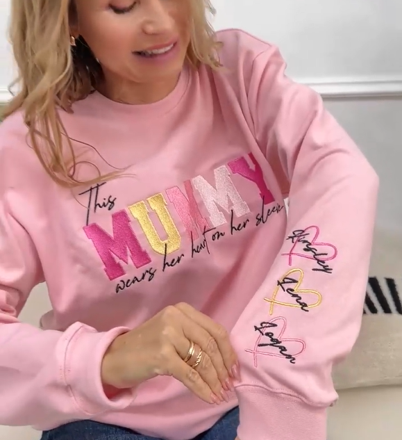 [Embroidery]Custom Embroidered Mum Wears Her Heart On Her Sleeve Sweatshirt | Mother’s Day Gift
