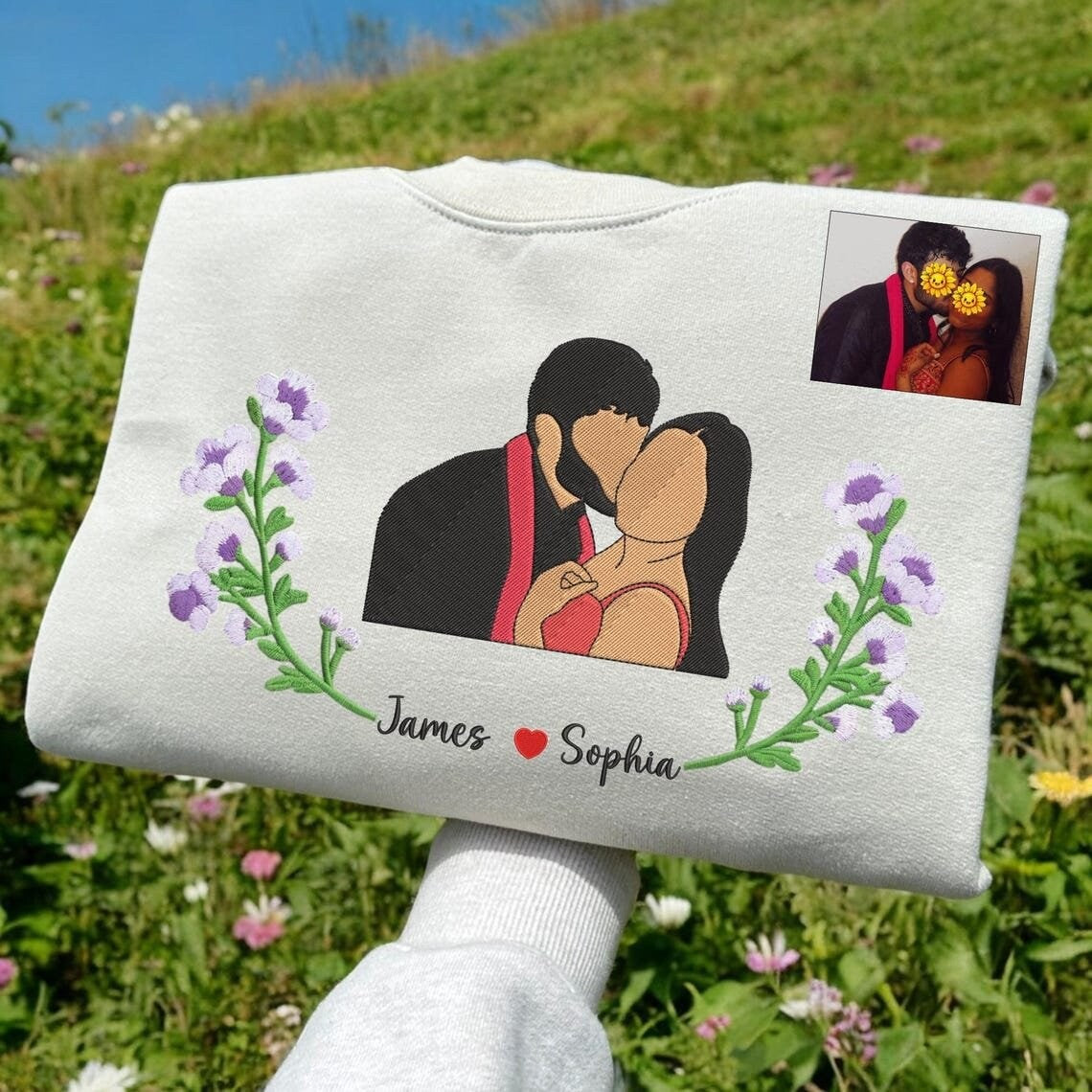 Embroidered Couple Portrait Sweatshirt with Flower,Couples Gift