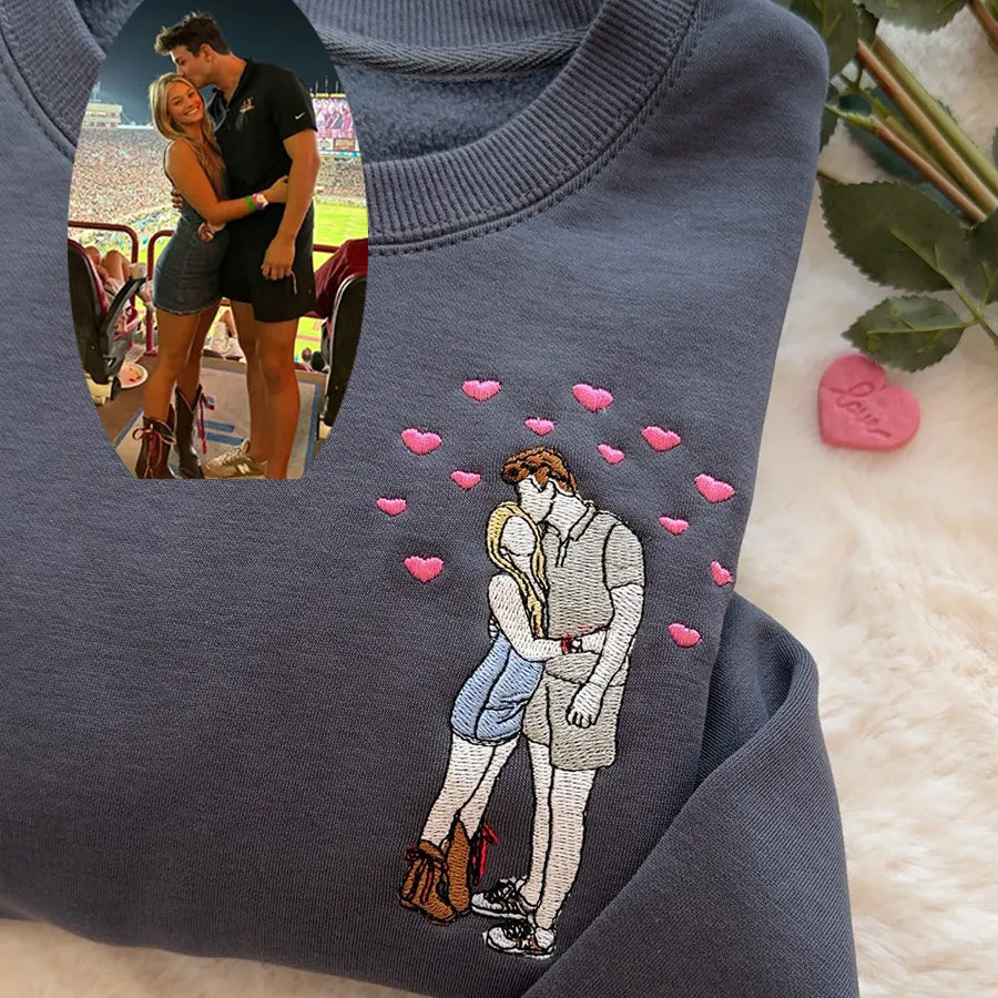 Custom Embroidered Portrait Sweatshirt from Photo For Couple ,Valentine’s Day Gift