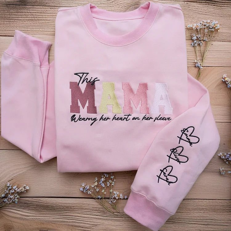 [Embroidery]Custom Embroidered Mum Wears Her Heart On Her Sleeve Sweatshirt | Mother’s Day Gift