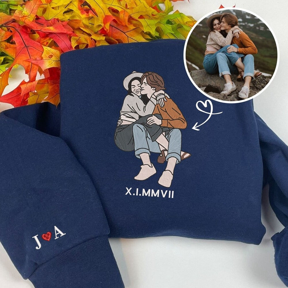 Custom Embroidered Portrait Sweatshirt, Embroidered Design with Roman Numerals